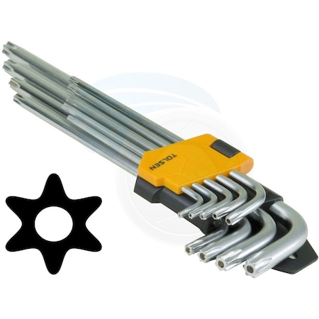 Tolsen 9pcs Extra Long Arm Torx Hex Key Set Star with Shaft Pin Slot Wrenches 20057